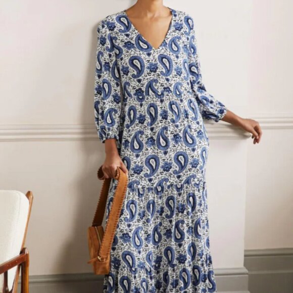 Boden Blue & White Blouson Sleeve Paisley Patterned Midi Dress Zip Back Size 10P - Picture 1 of 17